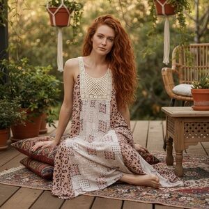 Maurices Pink Geometric Pattern Crochet Lace Handkerchief Hem Maxi Dress Size S